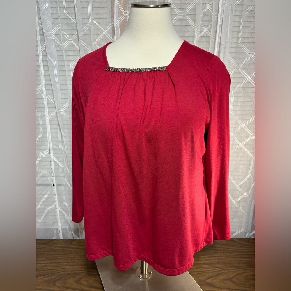 Croft & Barrow Red Women's Blouse with Embellished Neckline 27”L 22” p2p